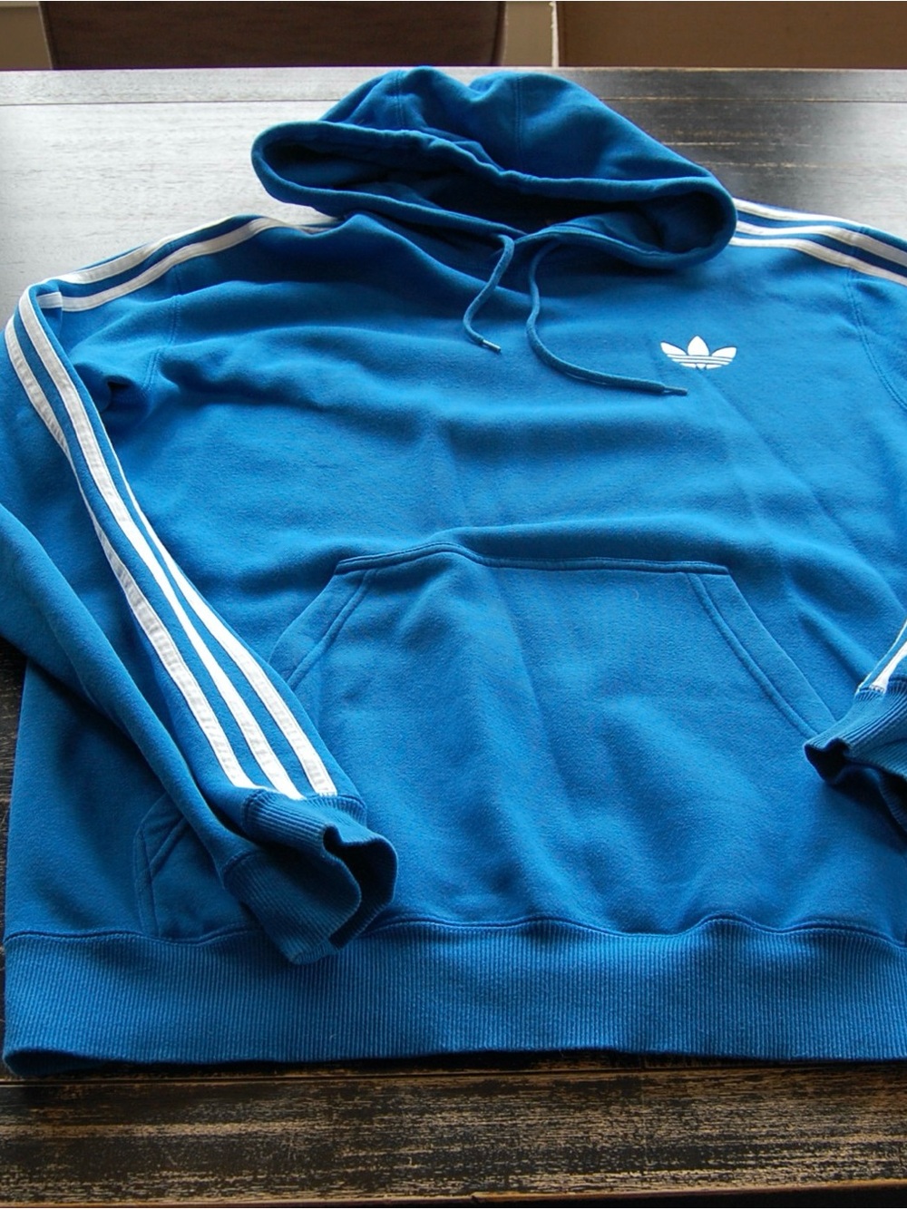 adidas Men’s Blue Hoodie with White Trefoil and Stripe Accents size L